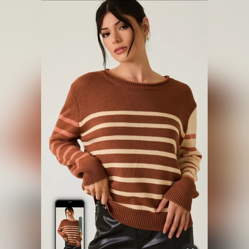 Round Neck Long Sleeve Stripe Light Weight Sweater